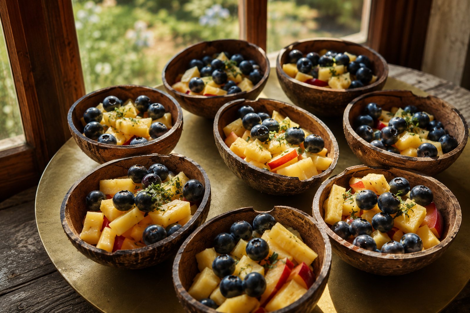 Fresh fruit served in coconut bowls, part of an Ayurvedic spread
